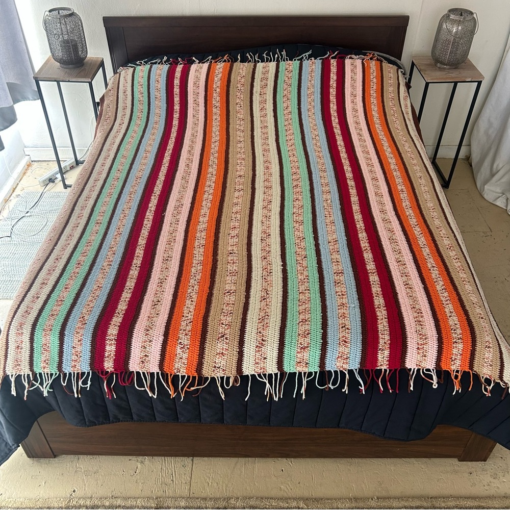 Vintage Handmade Striped Crochet Afghan Knit Blanket Large Throw #0831255
